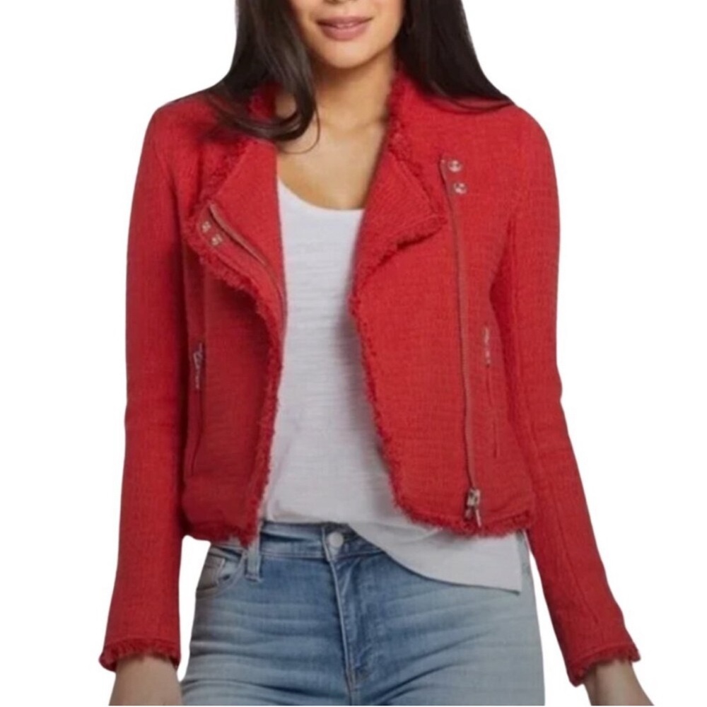 BlankNYC Cherry Cola Red Tweed Moto Jacket Women’s Size Medium Fringe Metal